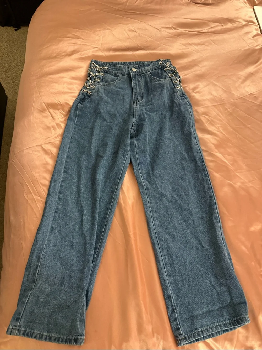 SHEIN High-Rise Lace-Up Side Detail Jeans in Blue Wash